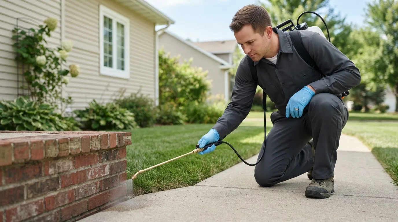 Pest control technician treating a home near Orange Cove, CA
